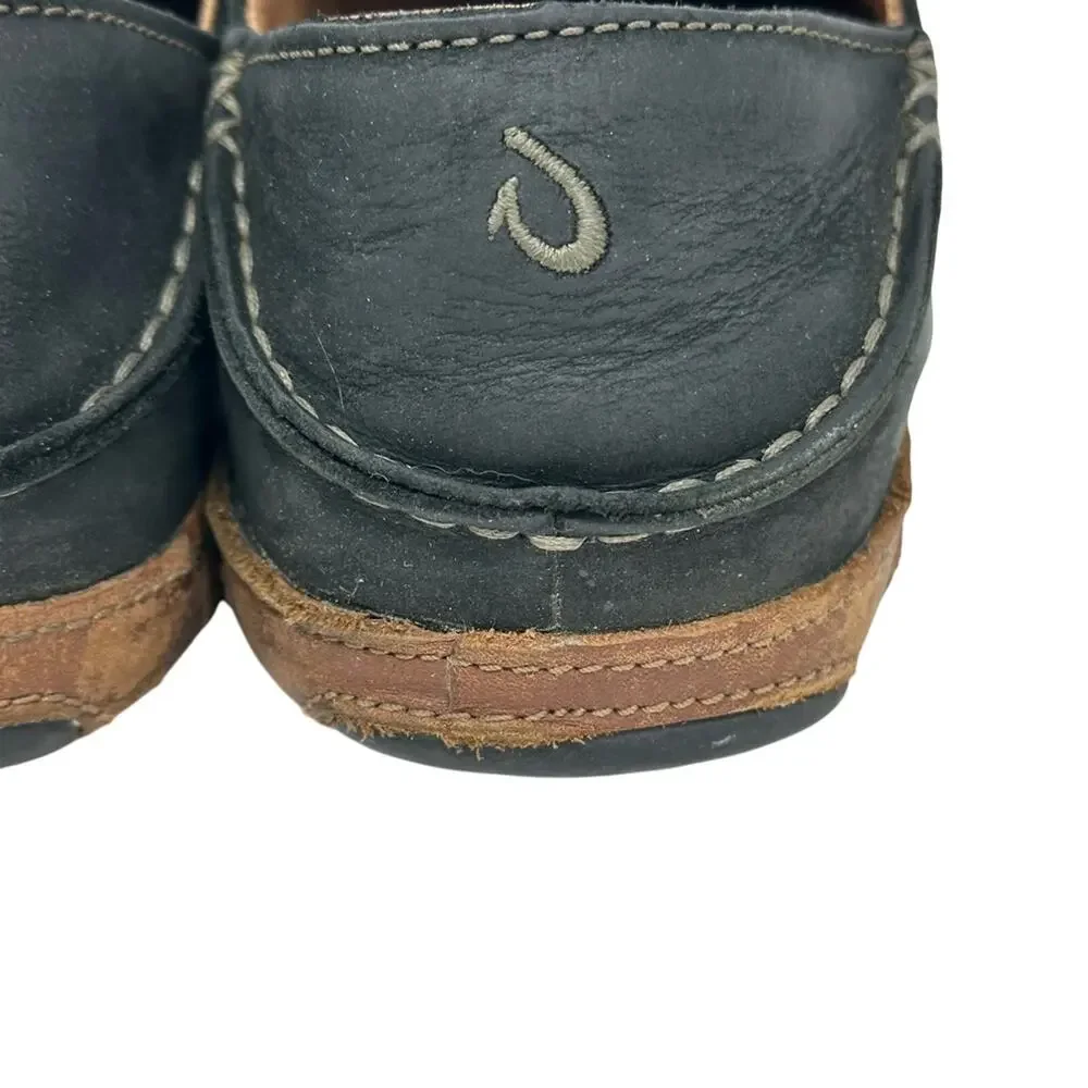 OluKai Moloa Slip On Loafer Black Leather Grip Sole Shoe